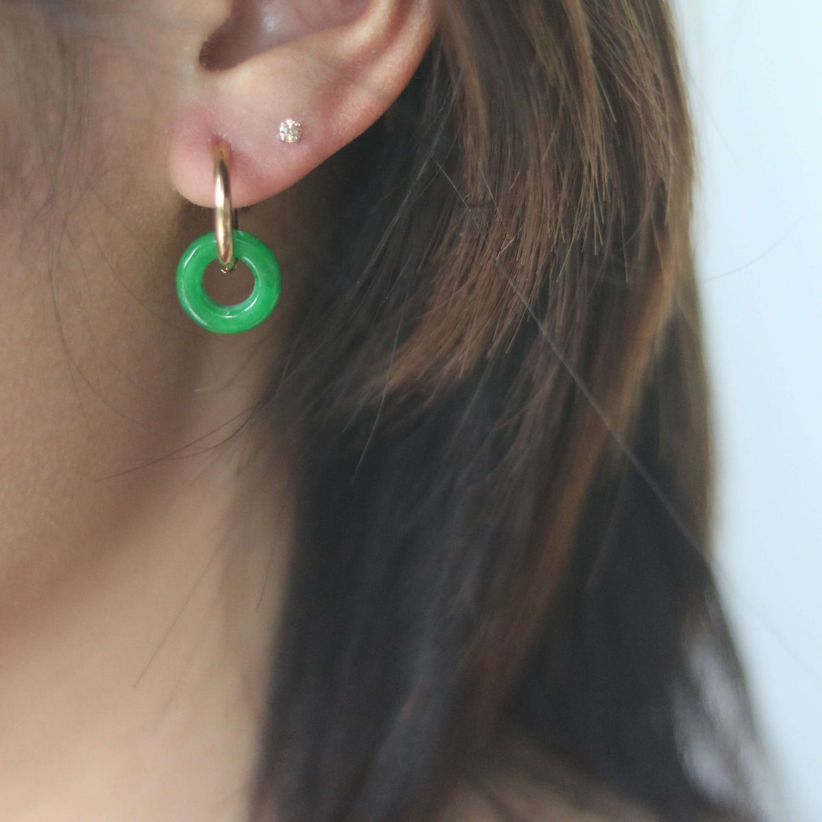 Green Jade Donut Hoop Earrings, waterproof 18k gold-plated stainless steel