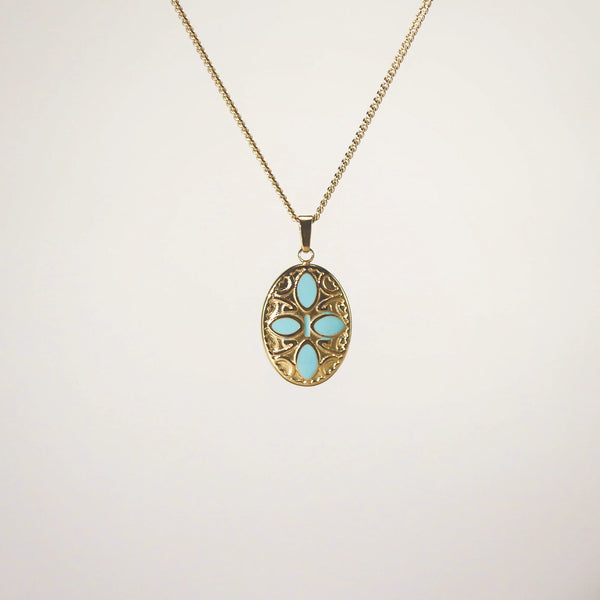 Waterproof 18k Gold Oval Blue Petals Pendant Necklace
