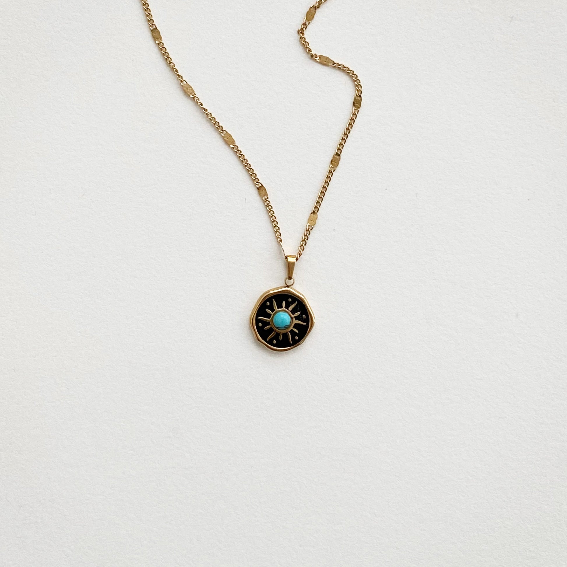 Meideya Turquoise Sun Medallion Necklace, waterproof 18k gold-plated stainless steel