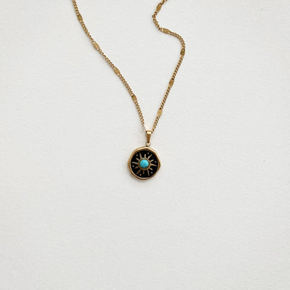 Meideya Turquoise Sun Medallion Necklace, waterproof 18k gold-plated stainless steel