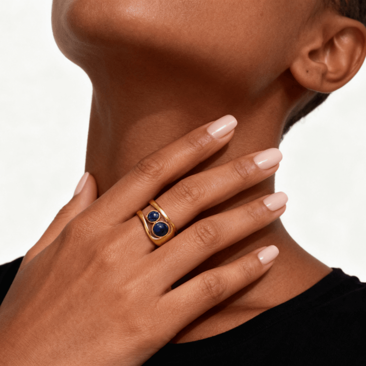 Waterproof Lapis Lazuli Cuff Ring, 18k gold-plated stainless steel