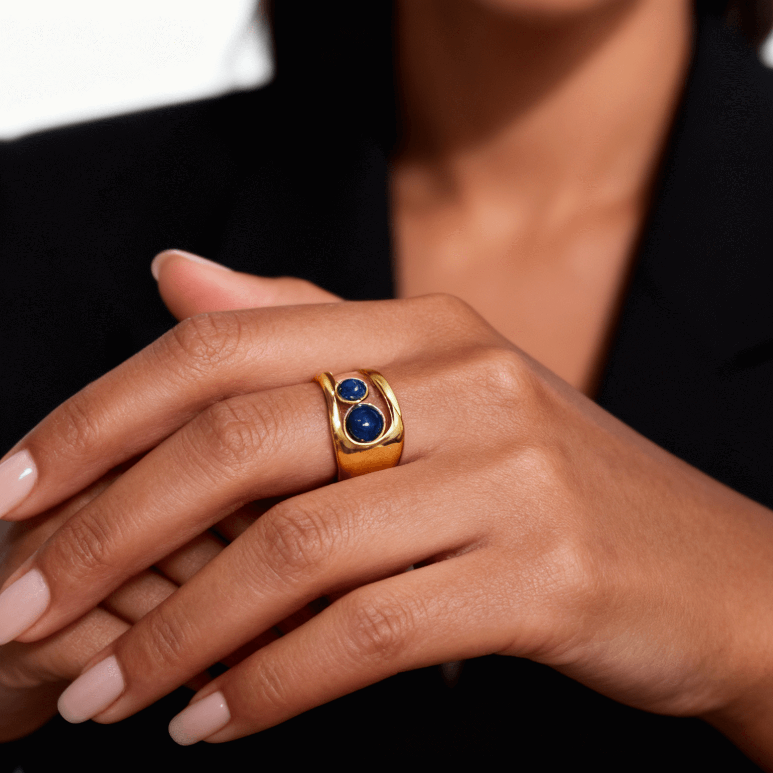 Waterproof Lapis Lazuli Cuff Ring, 18k gold-plated stainless steel