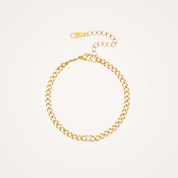 Solitaire Curb Chain Bracelet – Waterproof 18K Gold Plated Stainless Steel