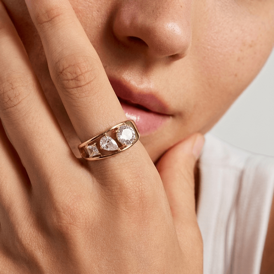 Mixed Cut Three Stone Ring worn on the hand
