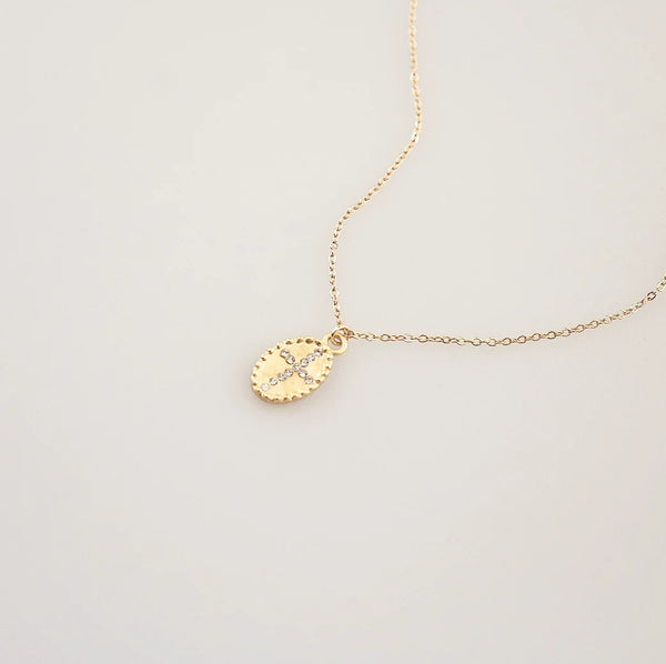 Oval CZ Cross Pendant Necklace – Waterproof 18K Gold