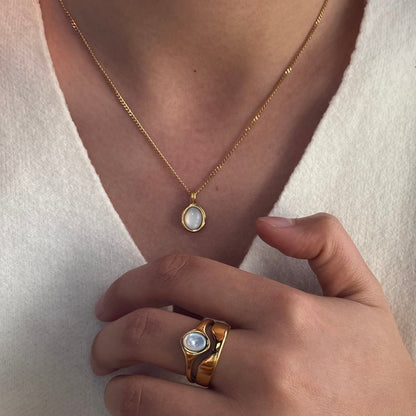 Oval Moonstone Necklace, waterproof 18k gold-plated stainless steel