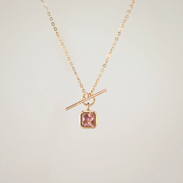 Pink Gemstone Toggle Necklace - Waterproof 18k Gold Plated