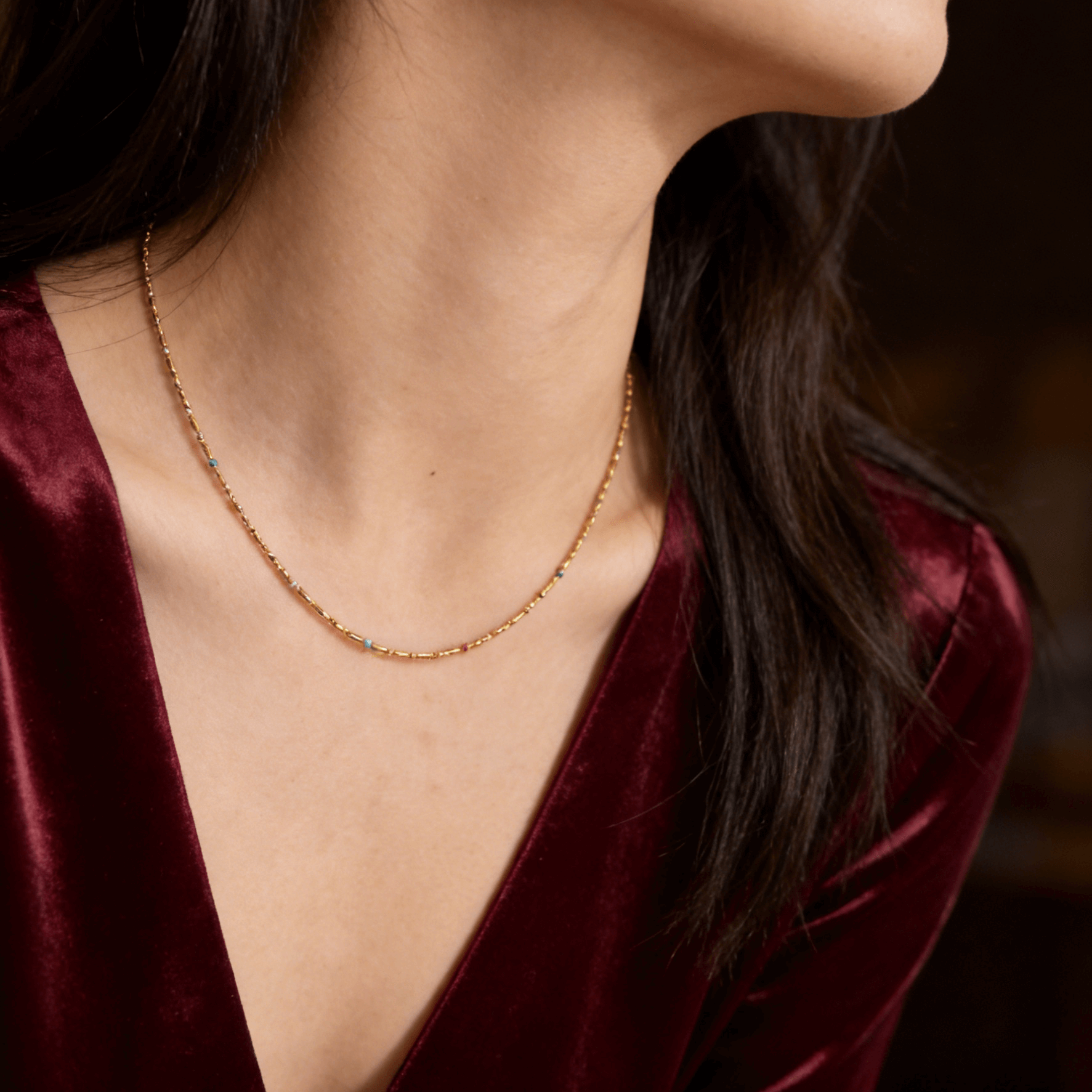 Rainbow Rice Bead Chain Necklace, waterproof 18k gold-plated stainless steel