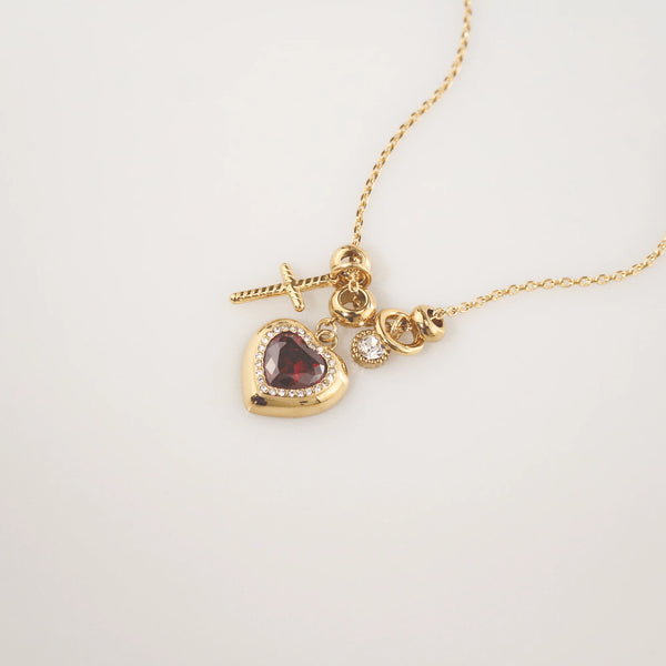 Waterproof Ruby Heart & Cross Charm Necklace