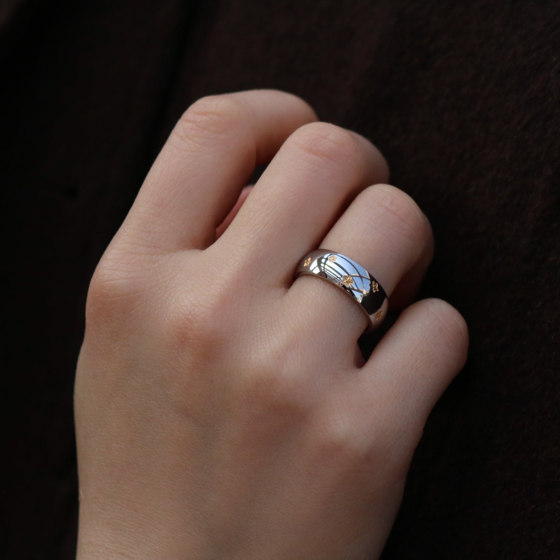 Silver Starburst Band Ring, waterproof 18k gold-plated stainless steel