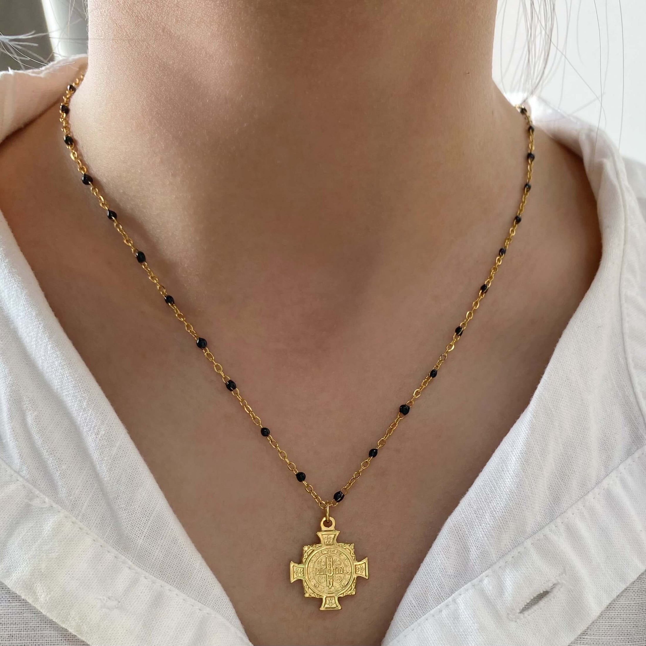 Saint Benedict Medal Necklace, waterproof 18k gold-plated stainless steel