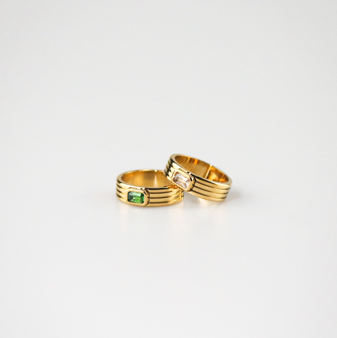 Green Stone Ribbed Ring, waterproof 18k gold-plated stainless steel