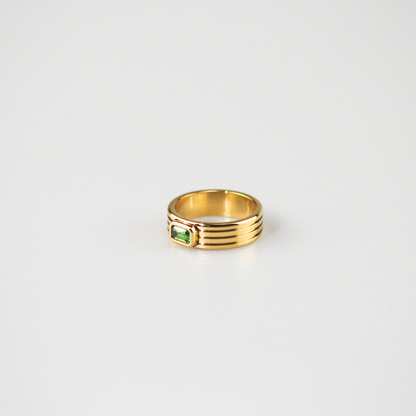 Green Stone Ribbed Ring, waterproof 18k gold-plated stainless steel