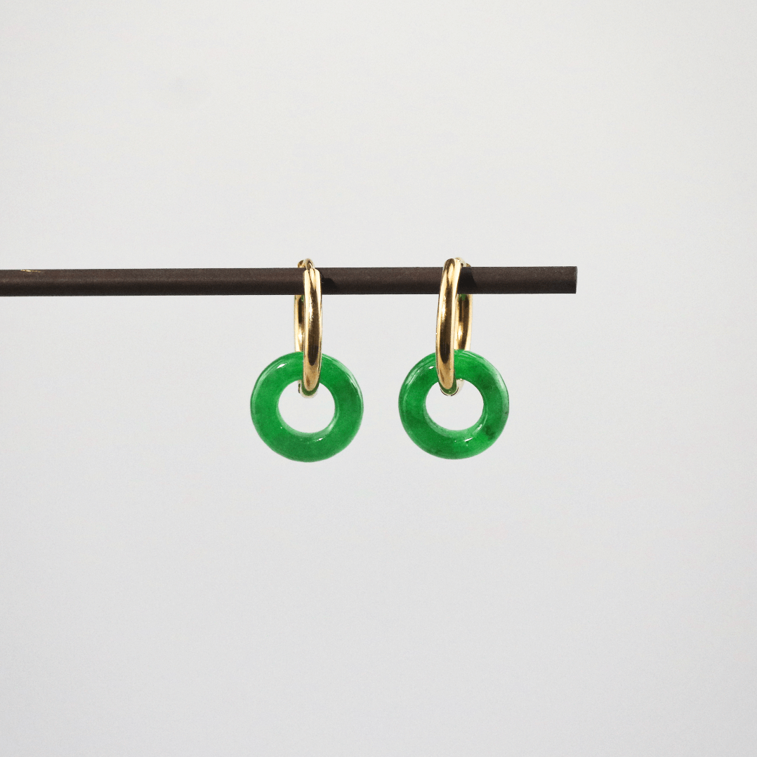 Green Jade Donut Hoop Earrings, waterproof 18k gold-plated stainless steel