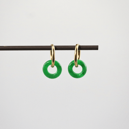 Green Jade Donut Hoop Earrings, waterproof 18k gold-plated stainless steel