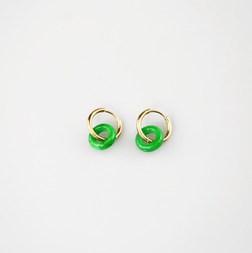 Green Jade Donut Hoop Earrings, waterproof 18k gold-plated stainless steel