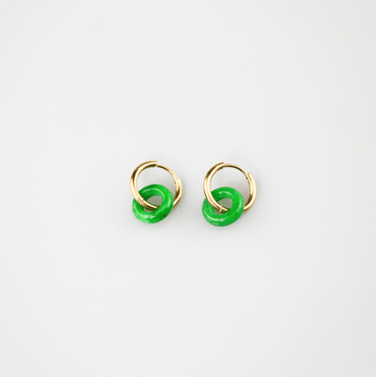 Green Jade Donut Hoop Earrings, waterproof 18k gold-plated stainless steel