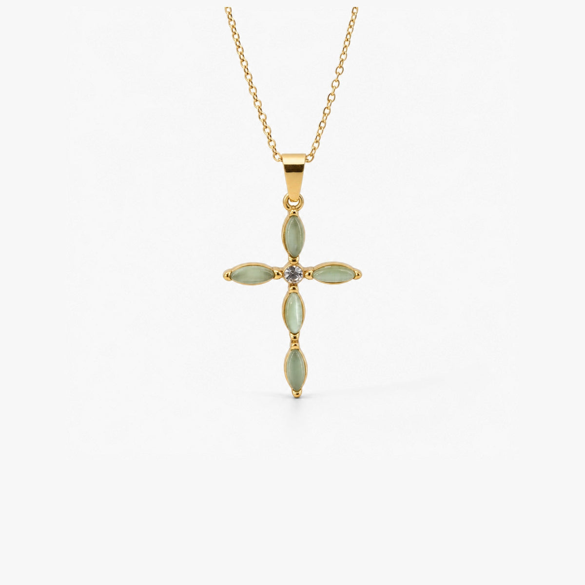 Green Cat's Eye Cross Necklace, waterproof 18k gold-plated stainless steel
