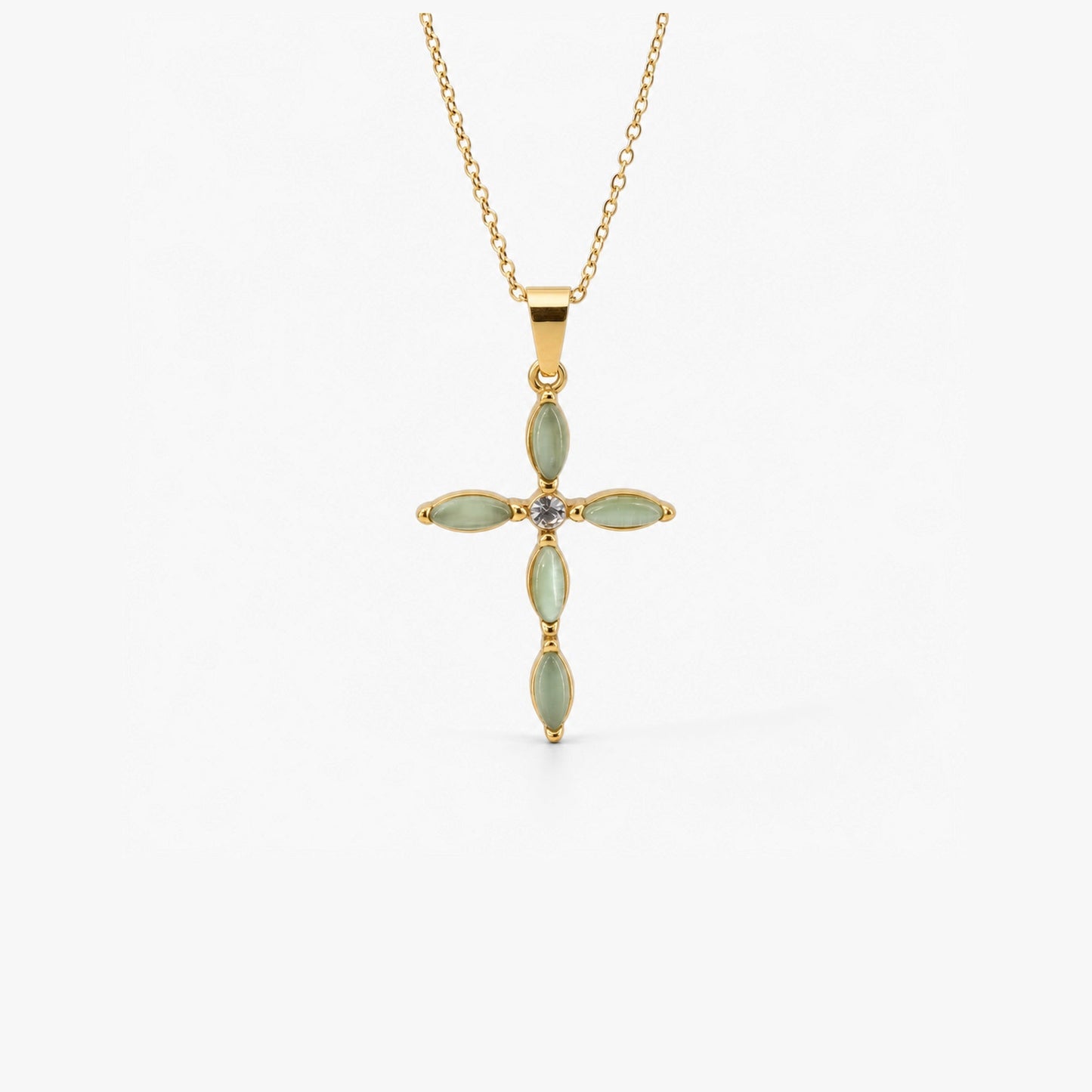 Green Cat's Eye Cross Necklace, waterproof 18k gold-plated stainless steel