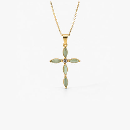 Green Cat's Eye Cross Necklace, waterproof 18k gold-plated stainless steel