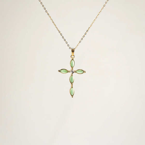 Green Cat's Eye Cross Necklace – Waterproof 18k Gold Plated