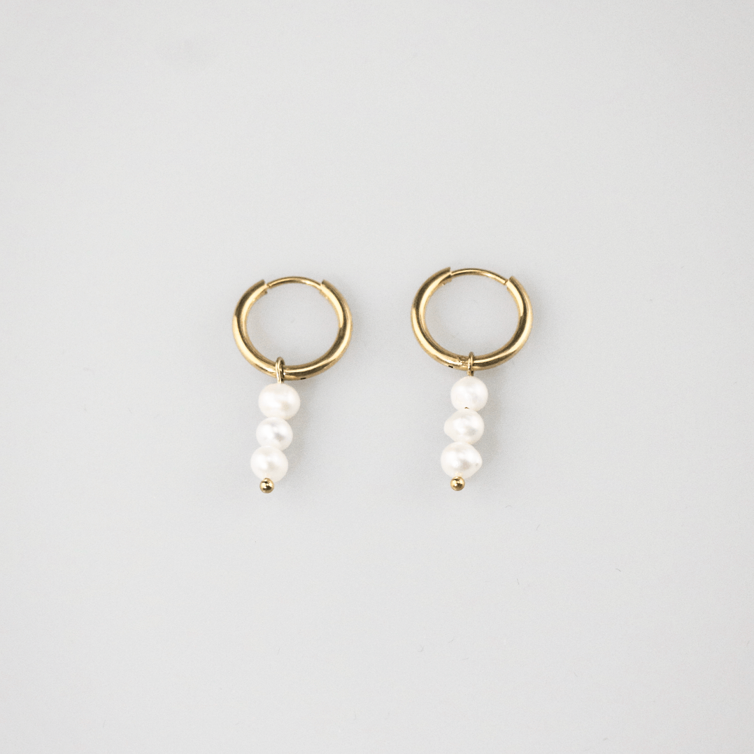 Triple Pearl Hoop Earrings, waterproof 18k gold-plated stainless steel