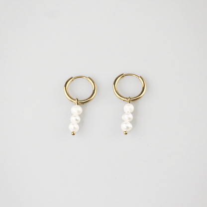 Triple Pearl Hoop Earrings, waterproof 18k gold-plated stainless steel