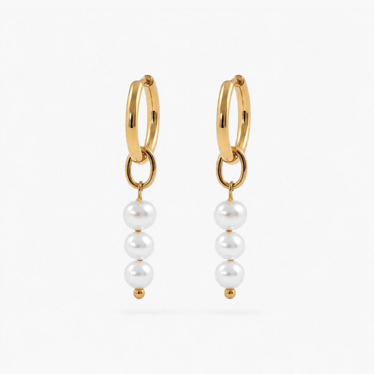 Triple Pearl Hoop Earrings, waterproof 18k gold-plated stainless steel