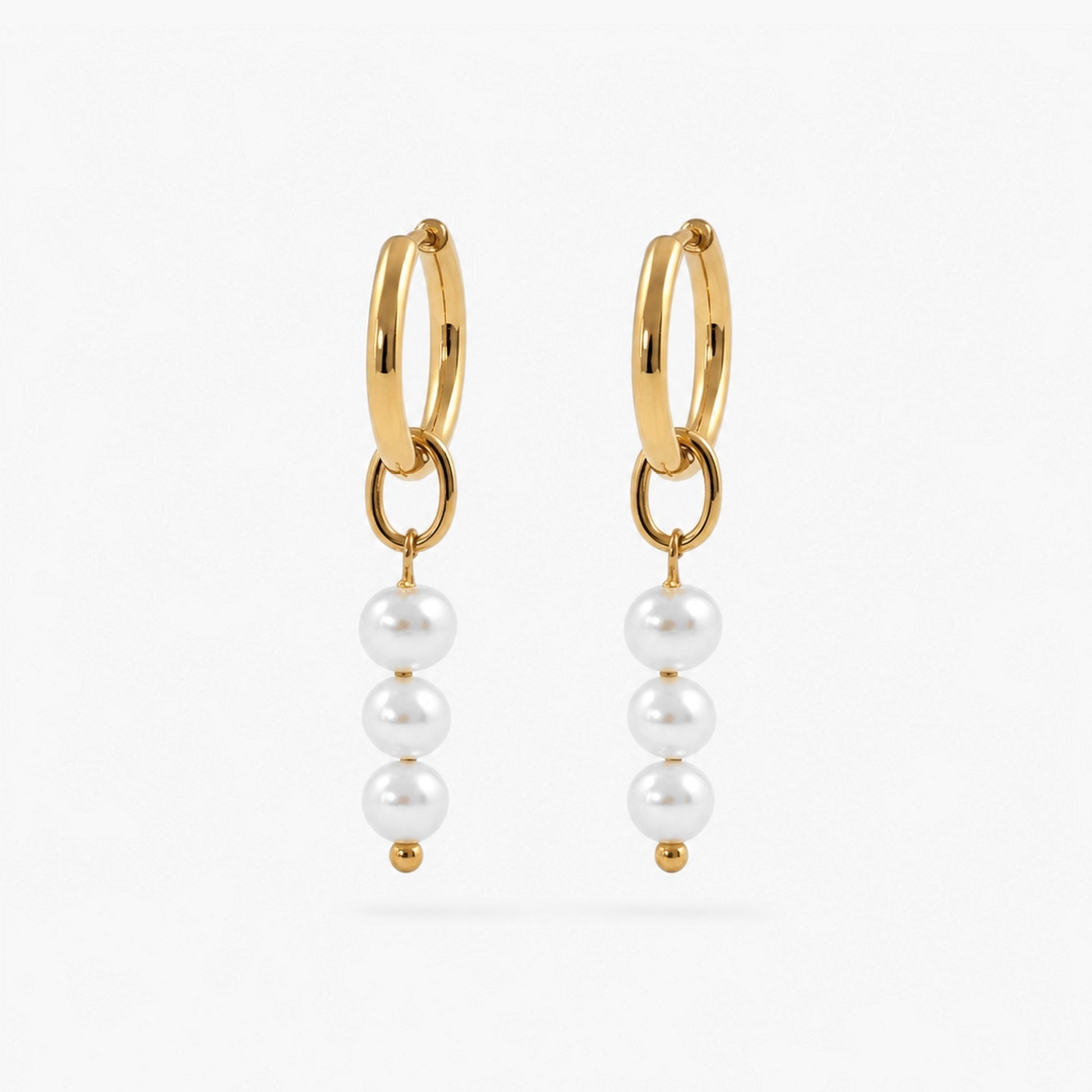 Triple Pearl Hoop Earrings, waterproof 18k gold-plated stainless steel