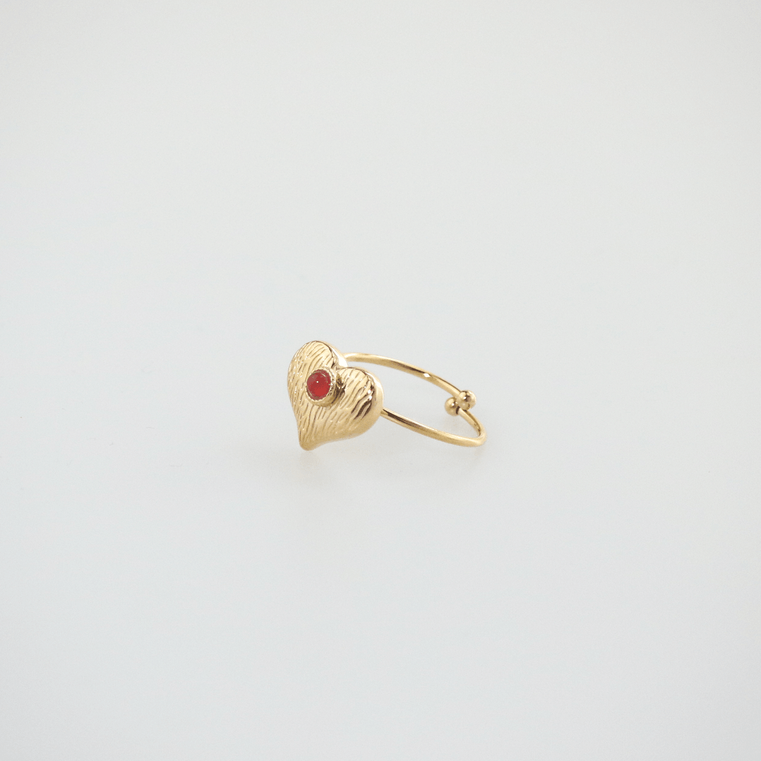 Waterproof Adjustable Heart Ring with Red Agate, 18k gold-plated stainless steel