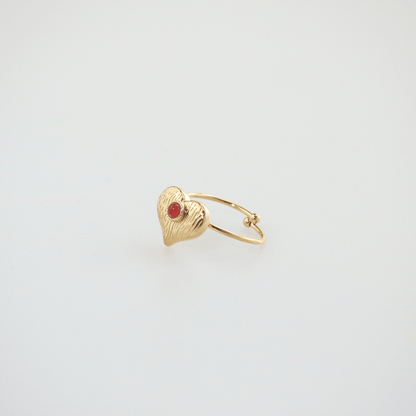 Waterproof Adjustable Heart Ring with Red Agate, 18k gold-plated stainless steel