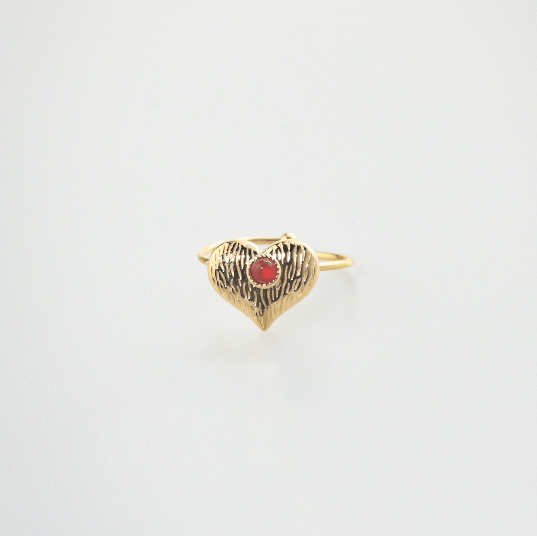 Waterproof Adjustable Heart Ring with Red Agate, 18k gold-plated stainless steel