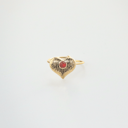 Waterproof Adjustable Heart Ring with Red Agate, 18k gold-plated stainless steel