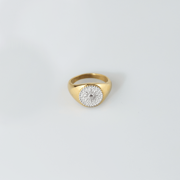 Two-Tone Sunburst Signet Ring | Waterproof Gold & Silver