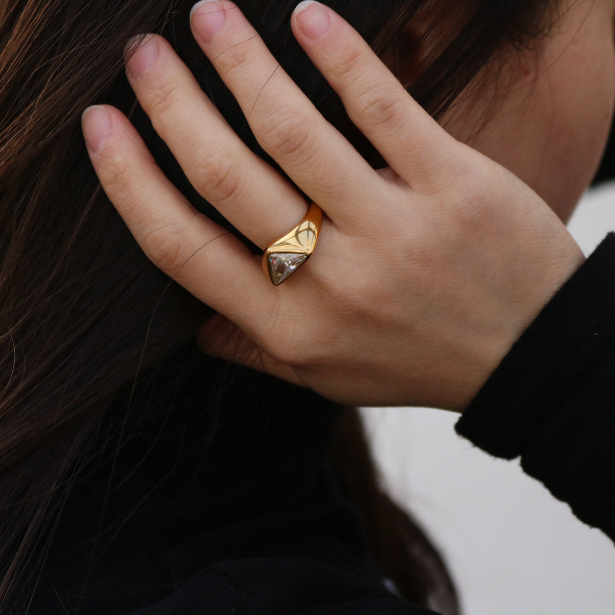 Trilliant Cut Gemstone Ring, waterproof 18k gold-plated stainless steel