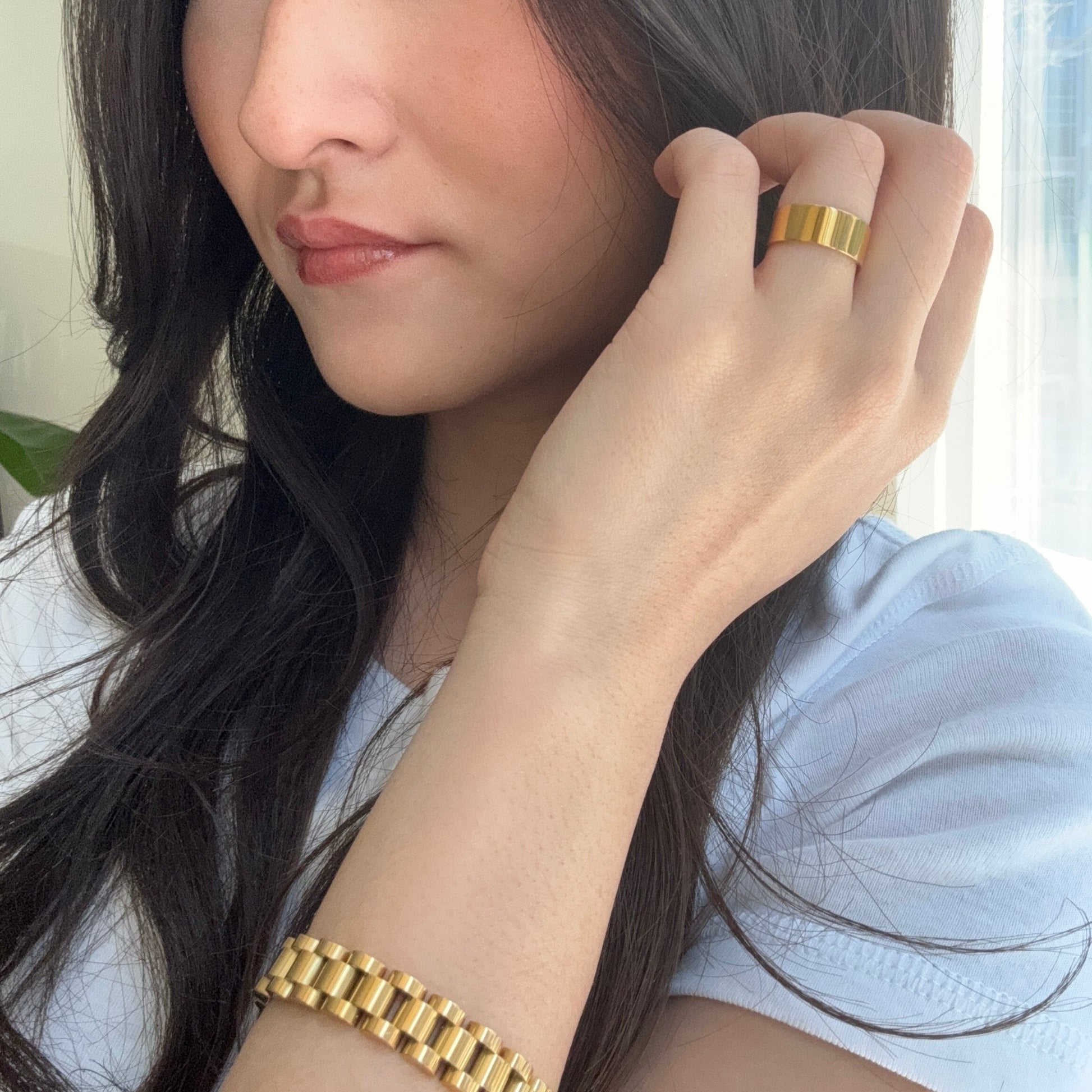 Stainless steel gold polished band ring