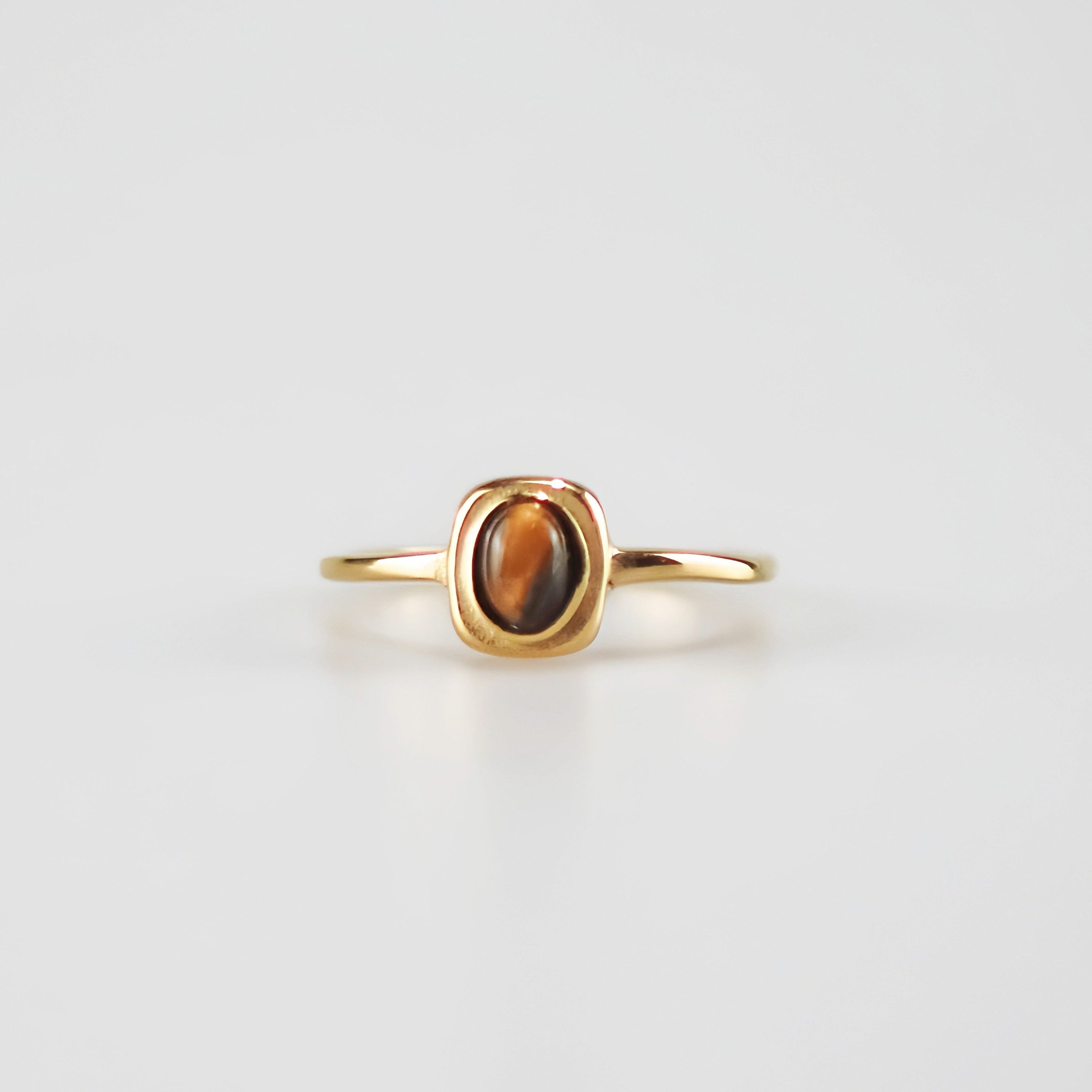 minimal tiger's eye ring in stainless steel, a gold waterproof tiger's eye ring for women