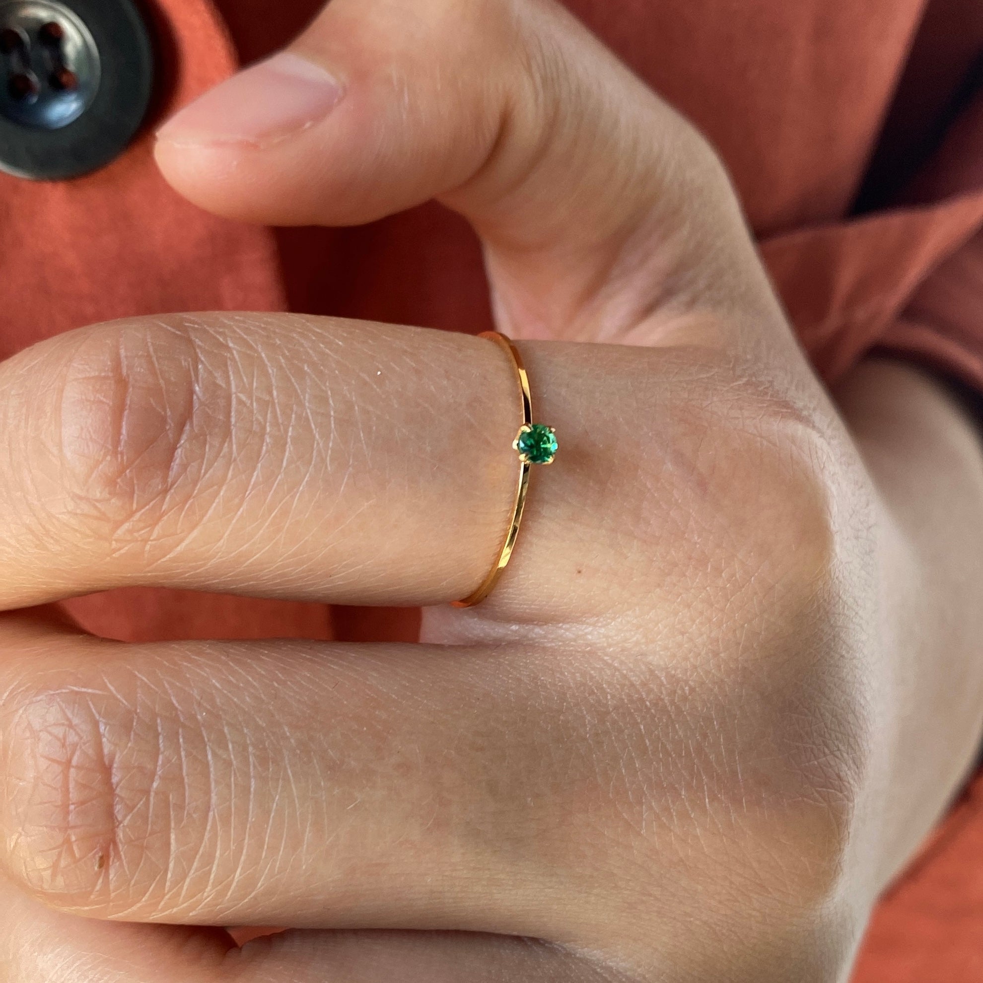 Tiny Green Stone Stacking Ring, waterproof 18k gold-plated stainless steel