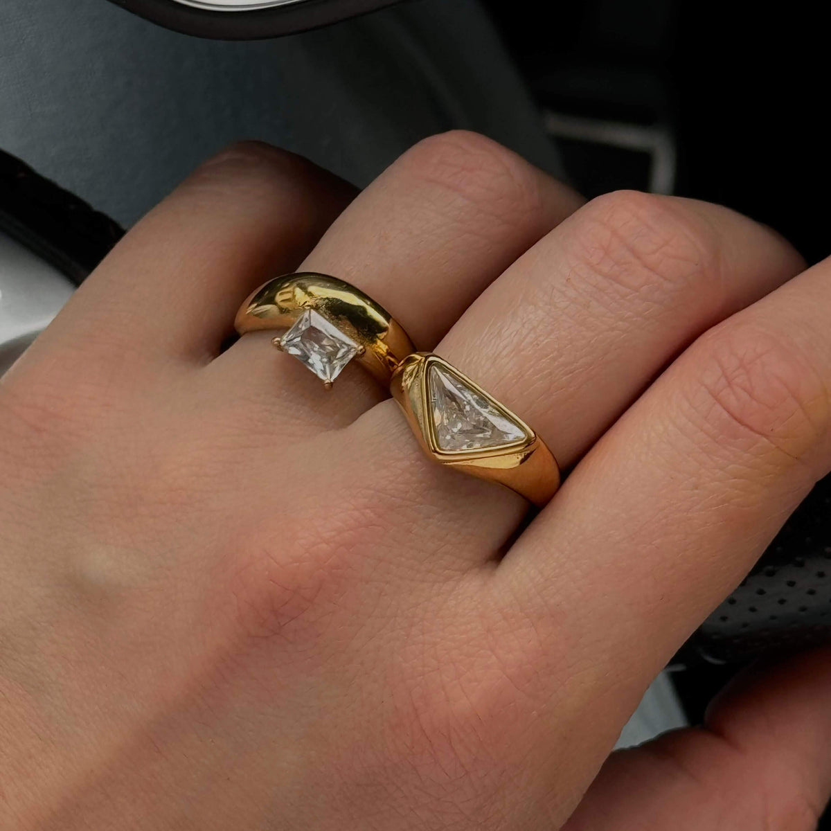 Trilliant Cut Gemstone Ring, waterproof 18k gold-plated stainless steel