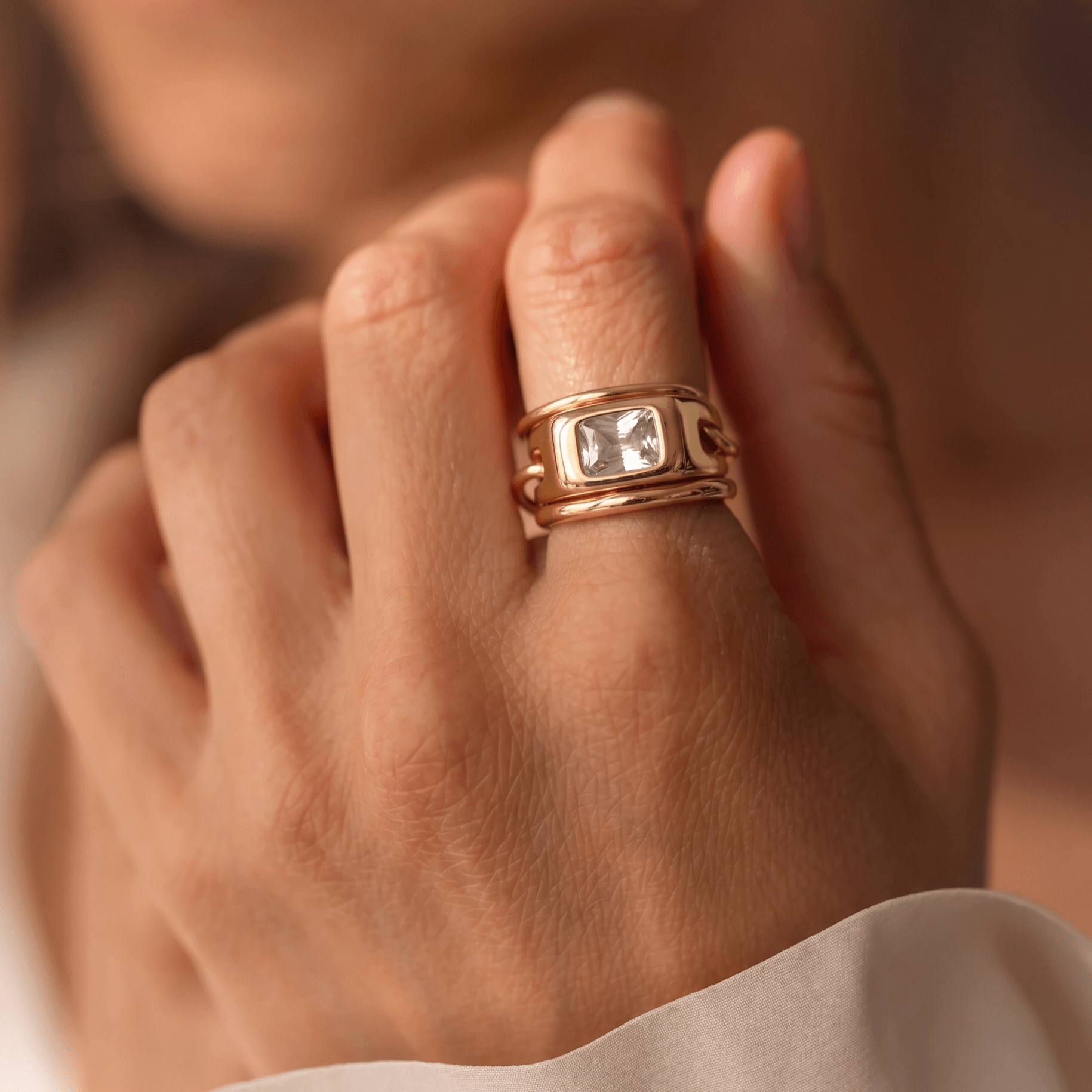 Triple Link Rectangle CZ Ring, waterproof 18k gold-plated stainless steel