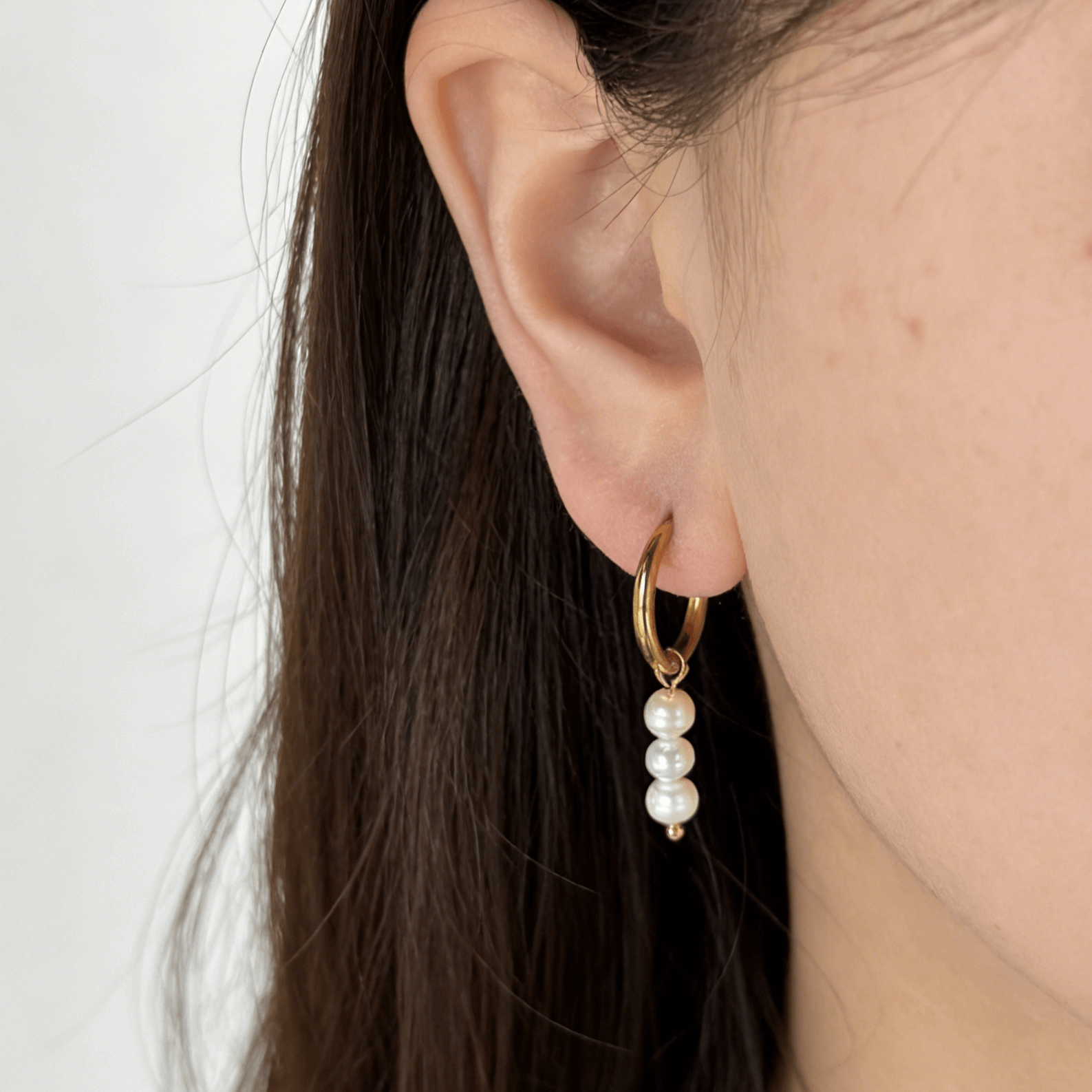 Triple Pearl Hoop Earrings, waterproof 18k gold-plated stainless steel