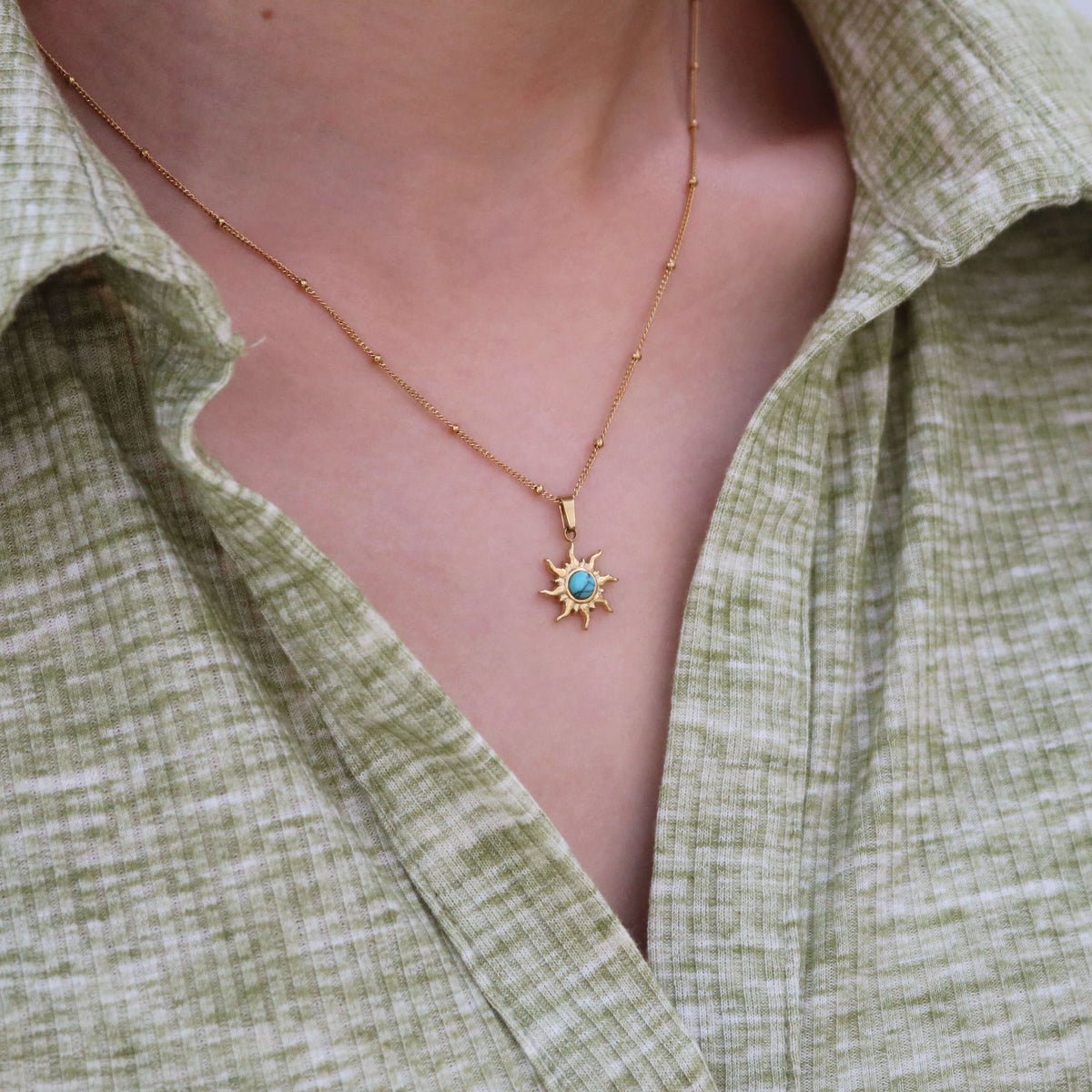 Turquoise Sun Necklace, waterproof 18k gold-plated stainless steel
