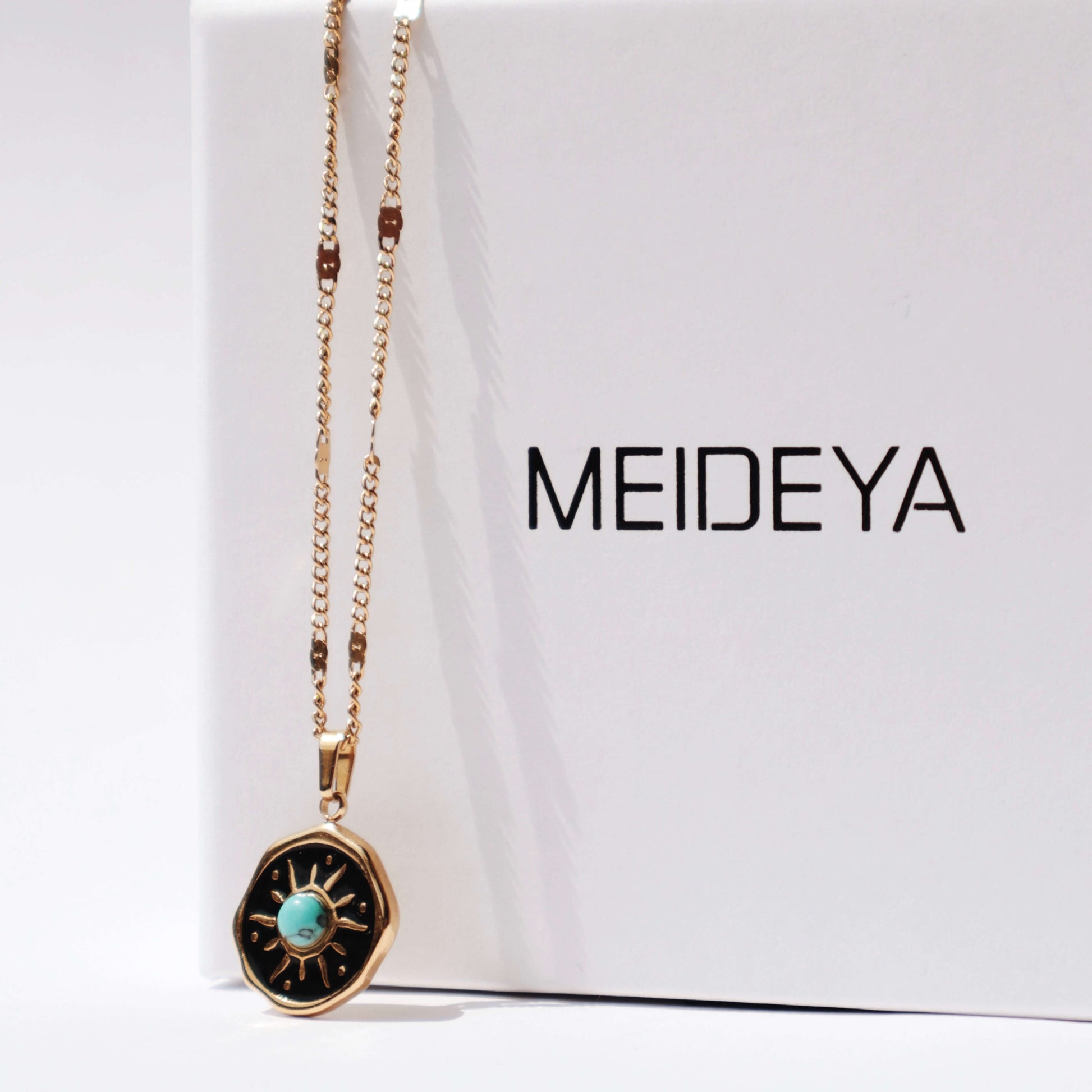 Meideya Turquoise Sun Medallion Necklace, waterproof 18k gold-plated stainless steel
