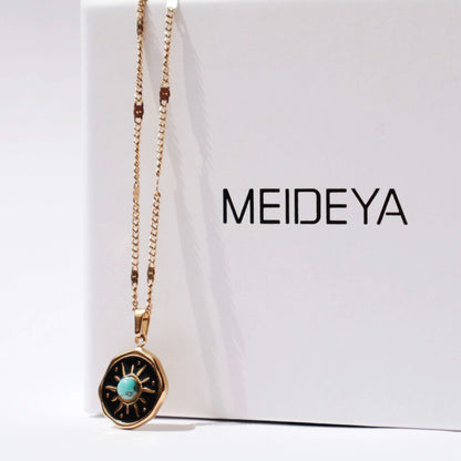 Meideya Turquoise Sun Medallion Necklace, waterproof 18k gold-plated stainless steel