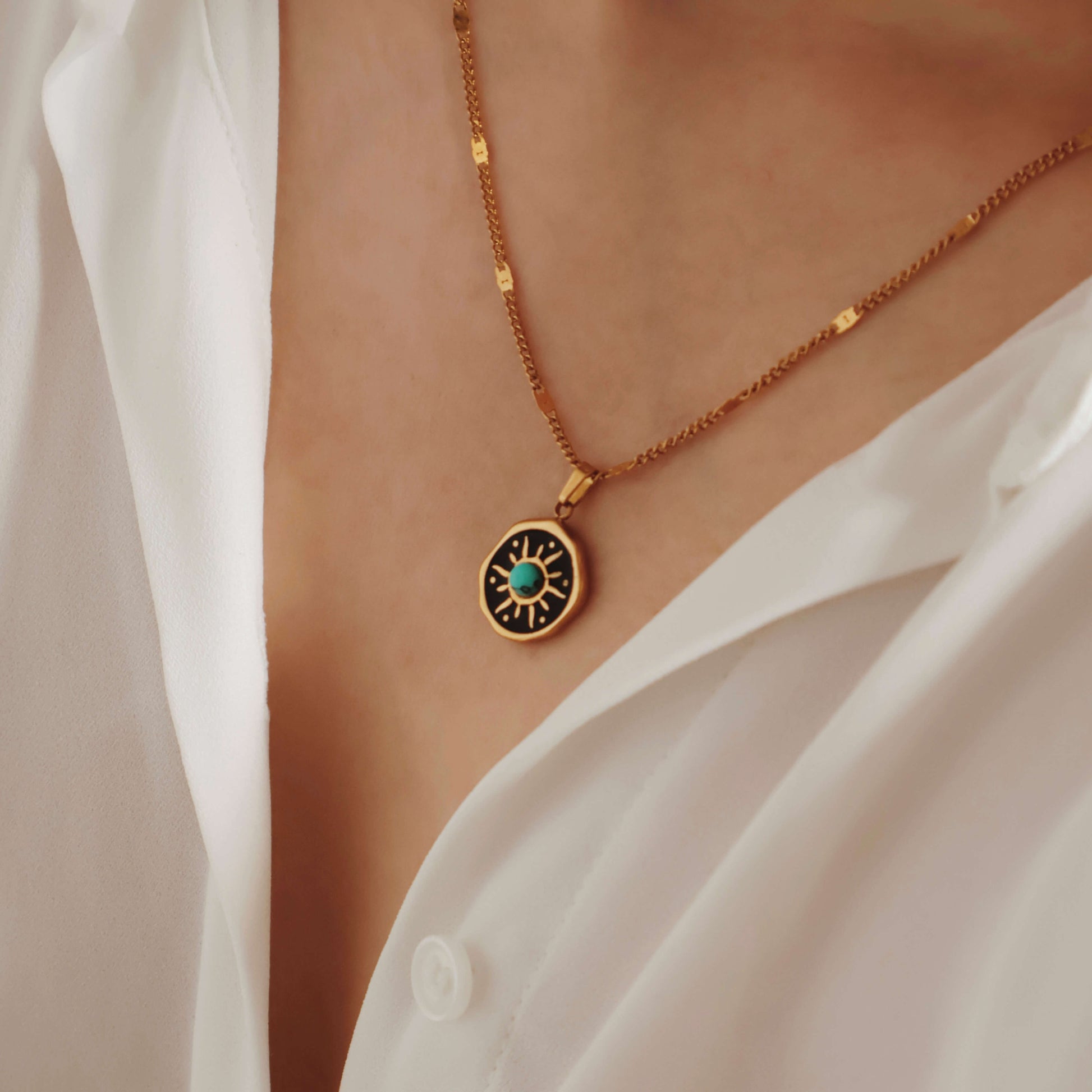 Meideya Turquoise Sun Medallion Necklace, waterproof 18k gold-plated stainless steel
