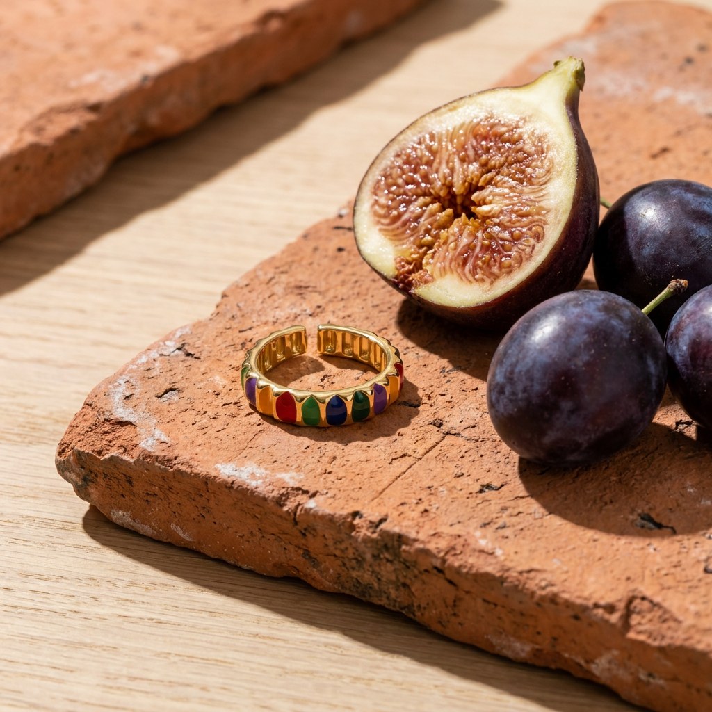 Adjustable Rainbow Gold Plated Ring on a weathered terracotta tile with a cut fig and dark plums