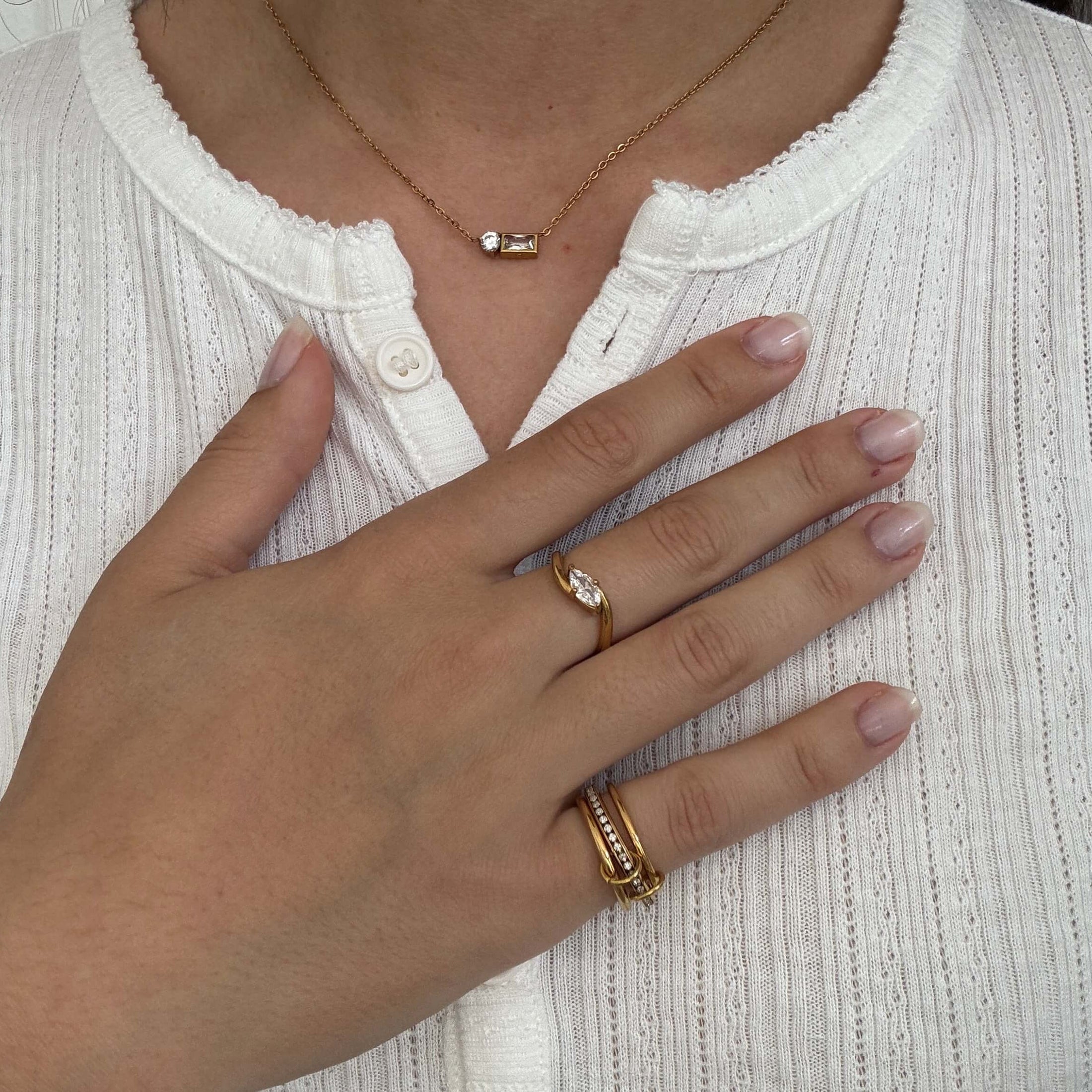 Hypoallergenic Waterproof Bypass Marquise Ring, 18k gold-plated stainless steel