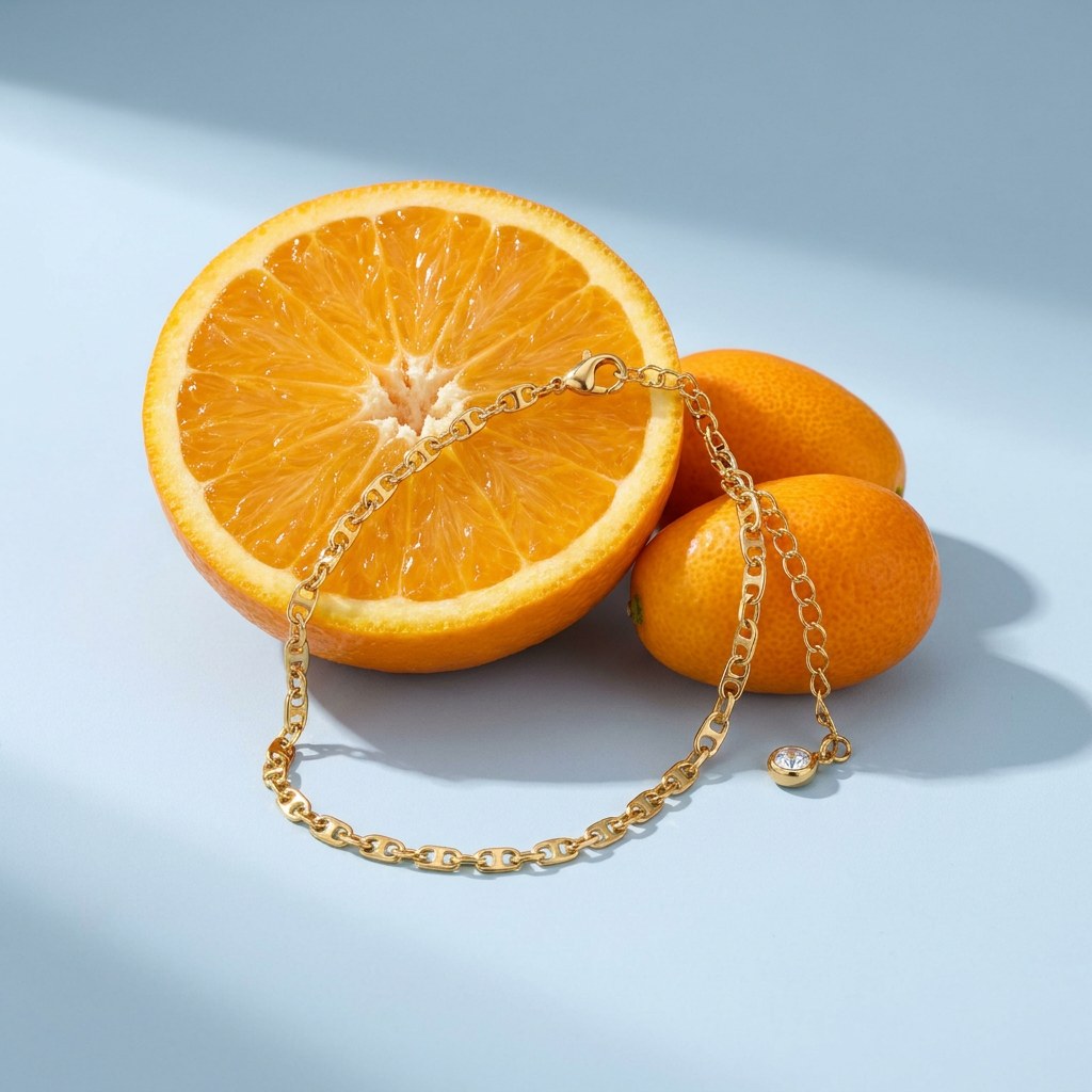 Anchor Chain Anklet on a pale blue backdrop beside a halved orange and two kumquats