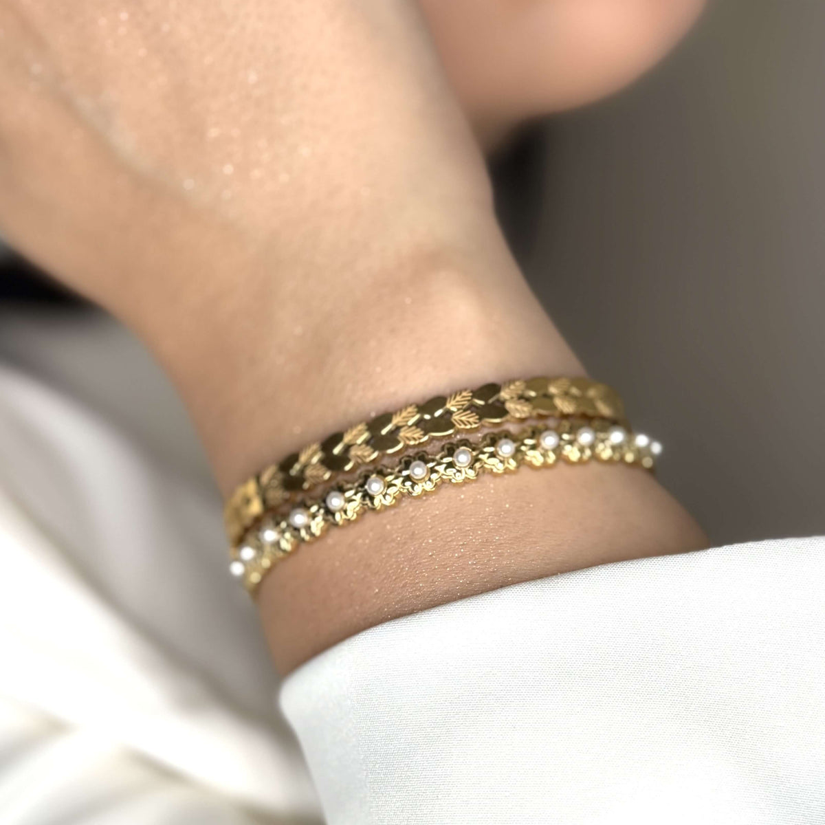 Waterproof Pearl Bangle Bracelet, 18k gold-plated stainless steel