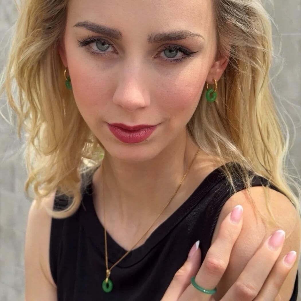 Green Jade Donut Hoop Earrings, waterproof 18k gold-plated stainless steel